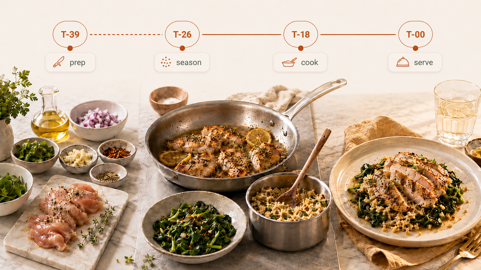 A warm illustrated kitchen scene with meal prep and cooking timeline elements